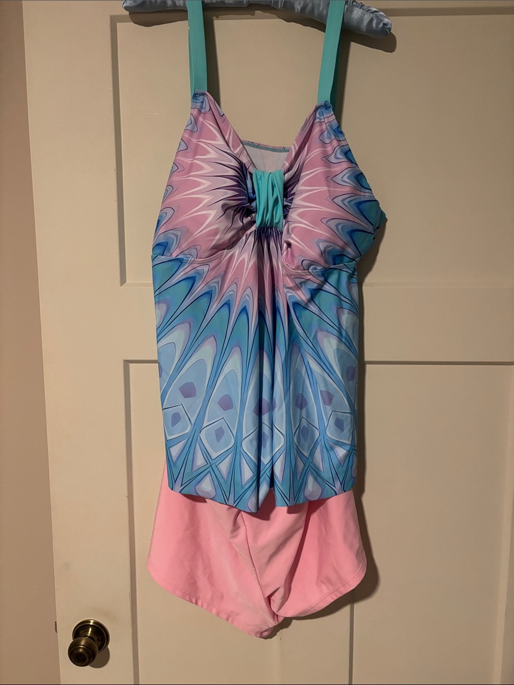 Women’s Multicolor Swirl Tankini Top and Swim Shorts- Turquoise & Lavender.